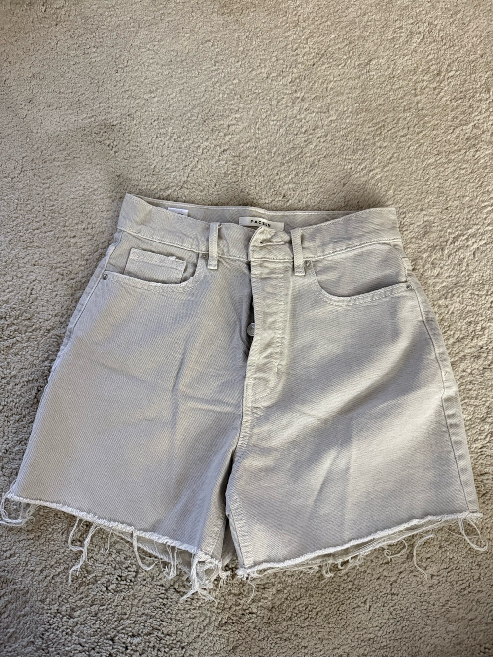 PacSun Light Khaki High-Rise Frayed Hem Denim Shorts